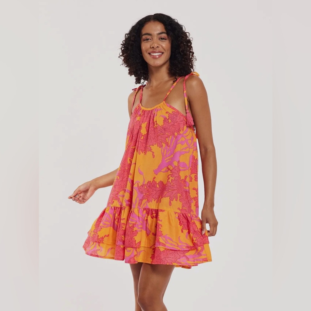 MODA POSA Tonia Spaghetti Strap Tie with Tassel Dress Big Coral Orange Fuchsia